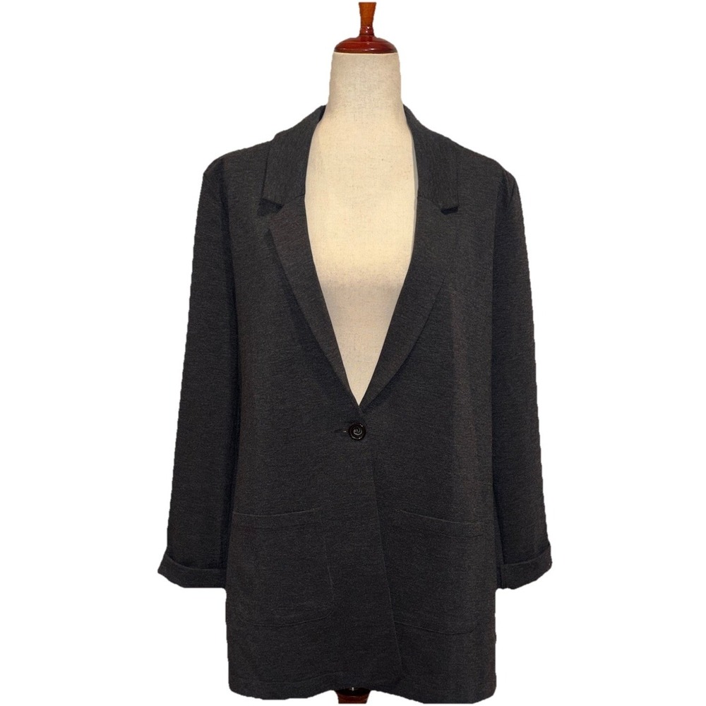 GARNET HILL Black Heather Wool Blend Stretch Relaxed Knit Blazer Women's 16 EUC